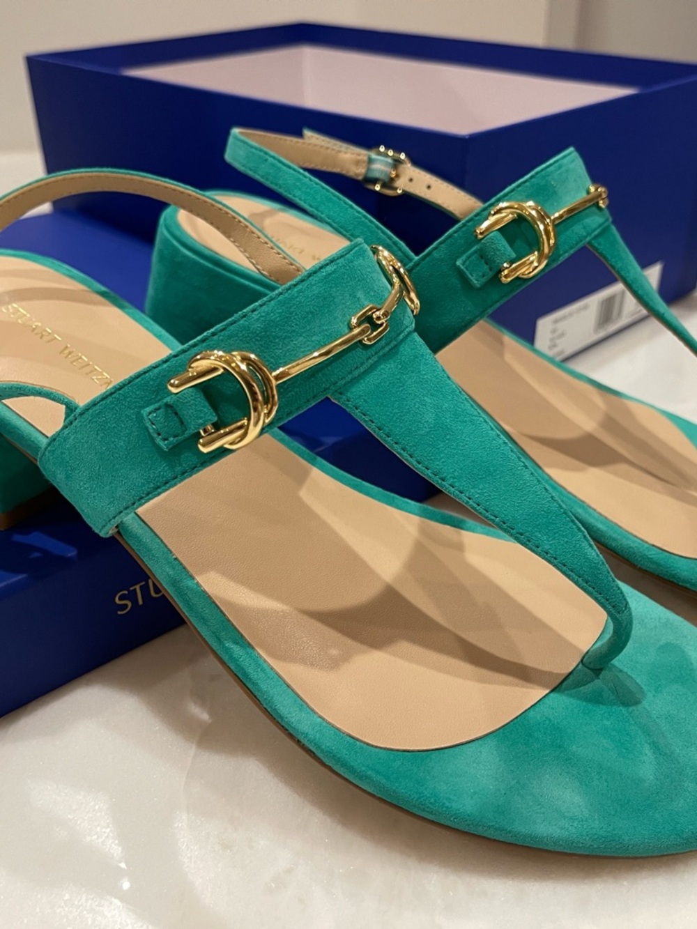 Stuart Weitzman Owen Sandal - Suede Slingback Sandals with Gold Buckle